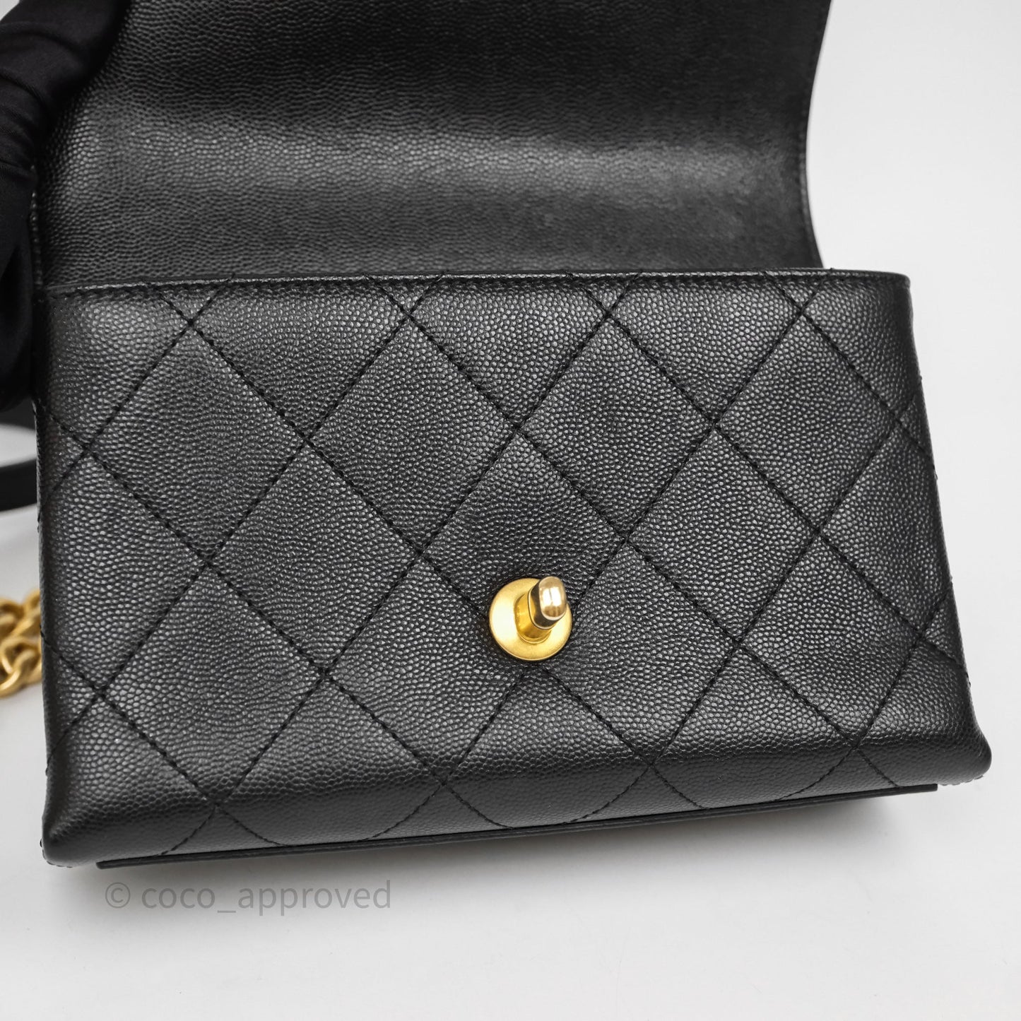 Chanel Mini Bracelet On Chain Flap Bag Flat Quilted Black Caviar Aged Gold Hardware