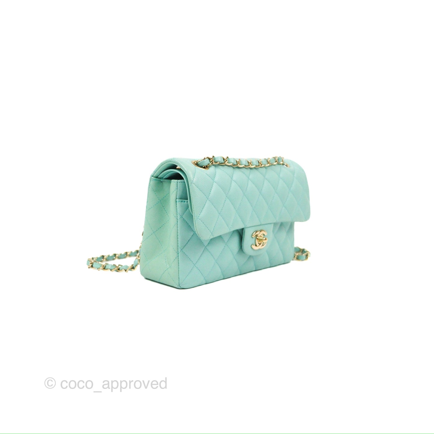 Chanel Small Classic Quilted Flap Tiffany Blue Caviar Gold Hardware 20C
