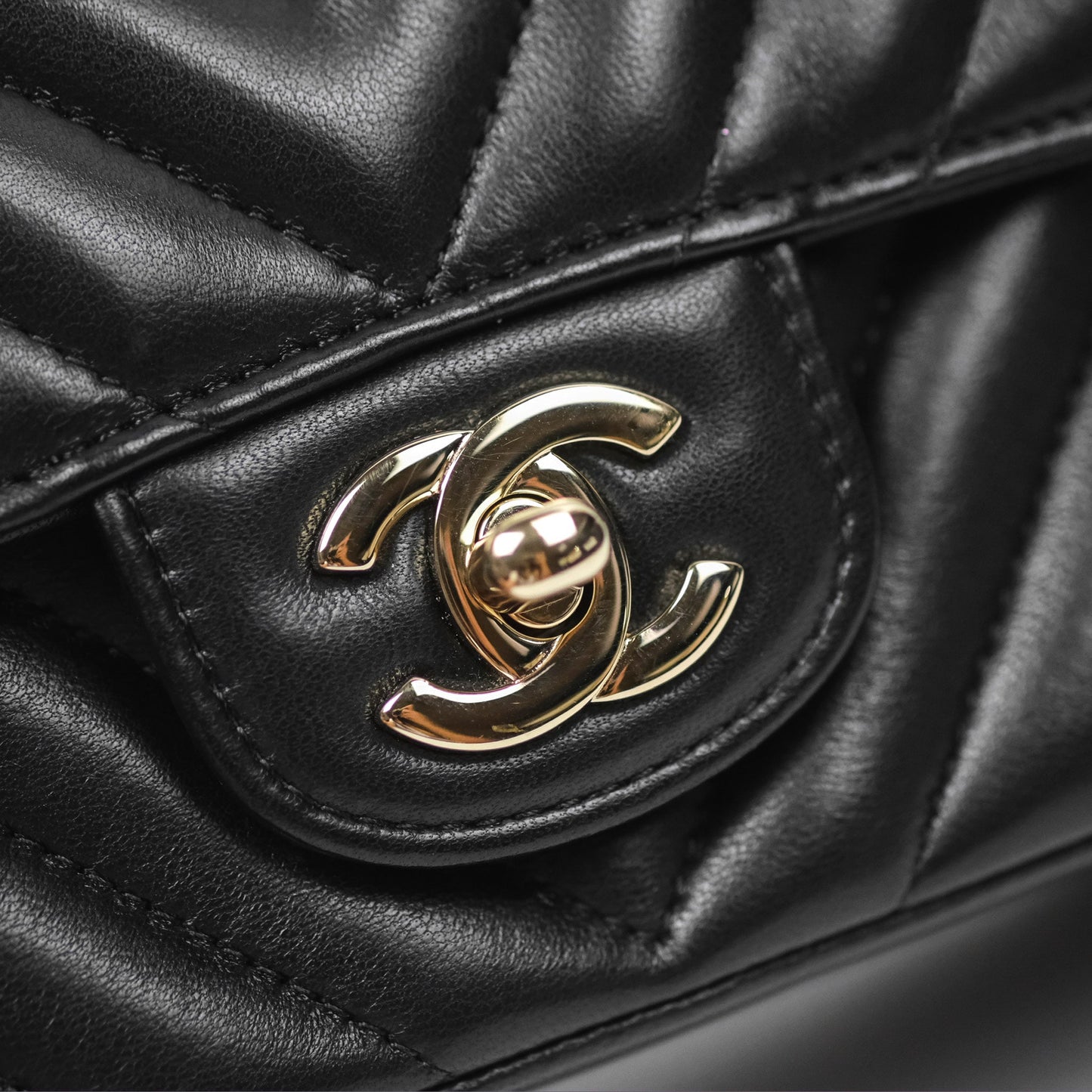 Chanel Mini Rectangular Flap Chevron Black Lambskin Gold Hardware