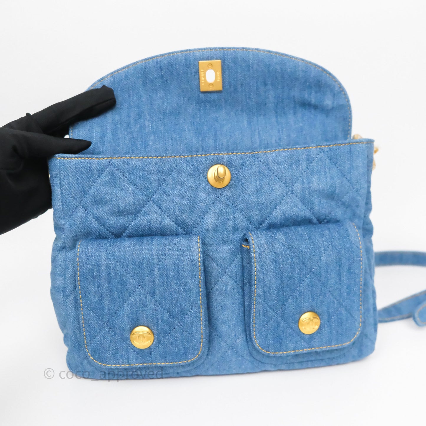 Chanel Double Pocket Hobo Bag Blue Denim Aged Gold Hardware