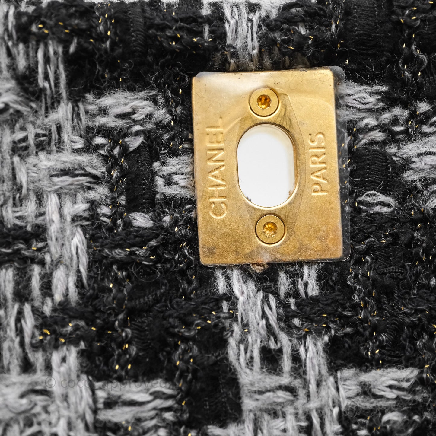 Chanel Mini Flag Bag Black & Grey Tweed Aged Gold Hardware