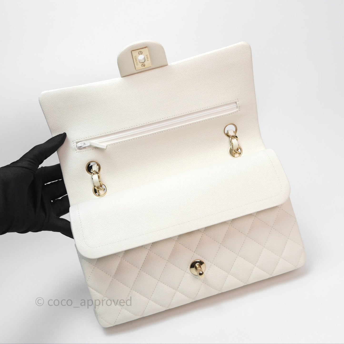 Chanel M/L Medium Classic Flap Quilted White Caviar Gold Hardware