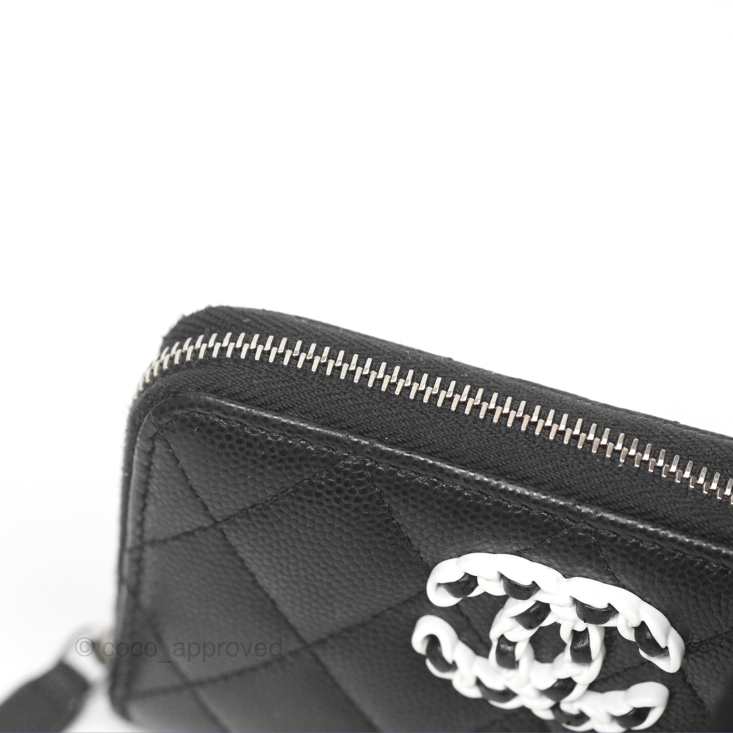 Chanel Zipped Coin Purse Black Caviar White CC Silver Hardware