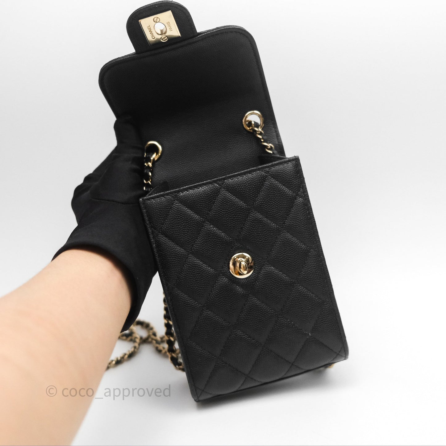 Chanel Classic Quilted Phone Holder Black Caviar Gold Hardware