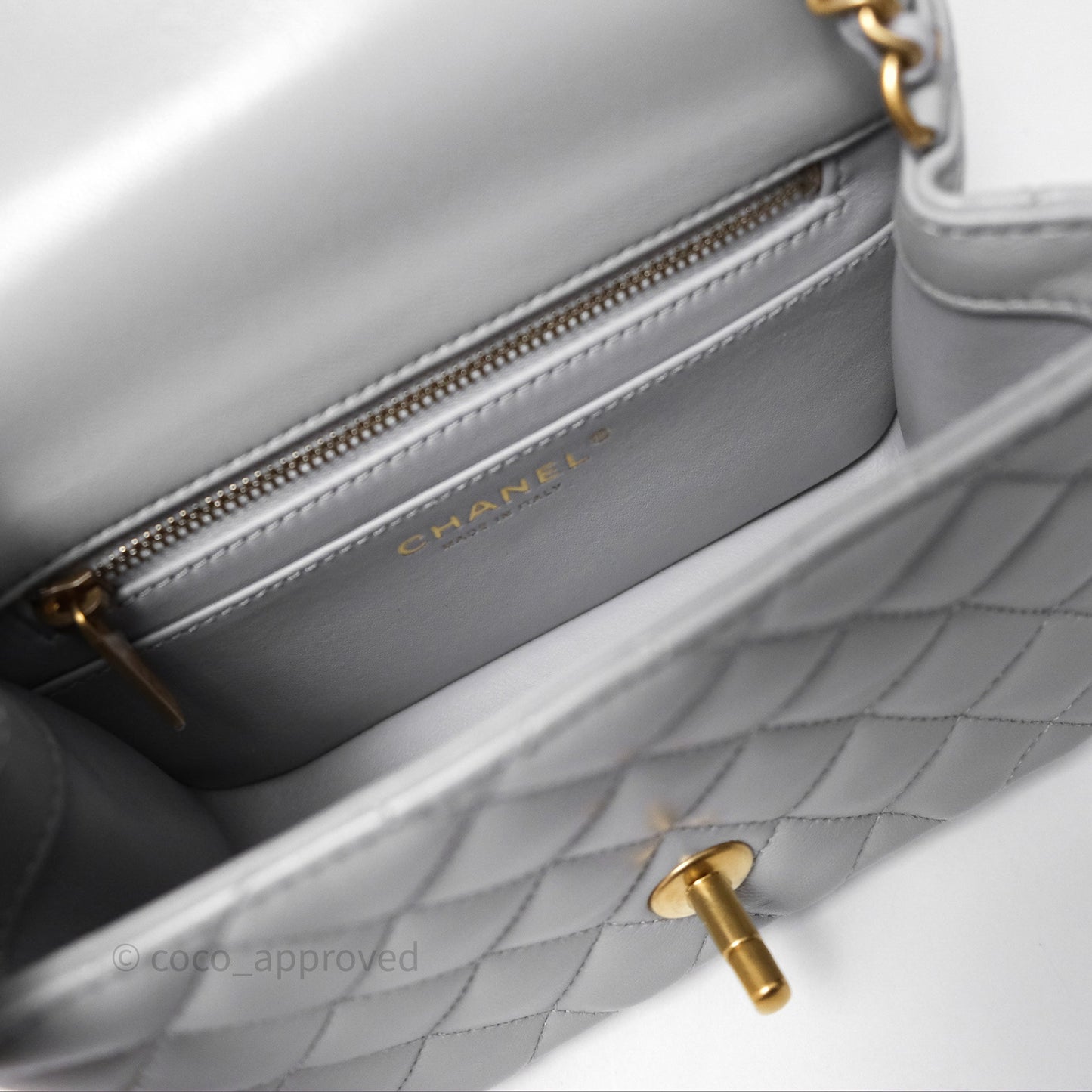 Chanel Mini Square Pearl Crush Quilted Grey Lambskin Aged Gold Hardware