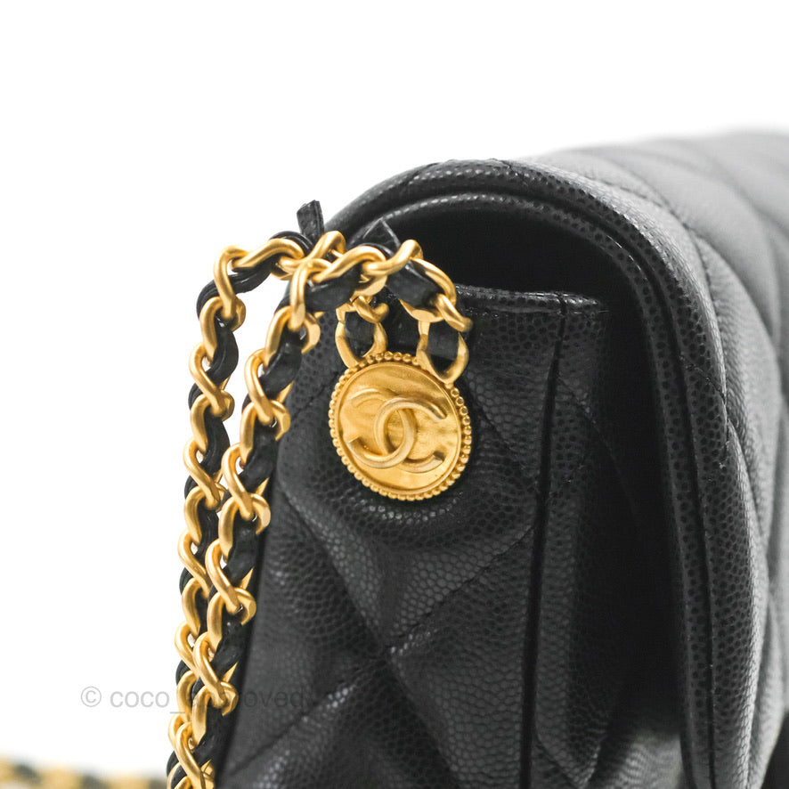 Chanel Small Flap with Coin Charm Black Caviar Aged Gold Hardware 22A