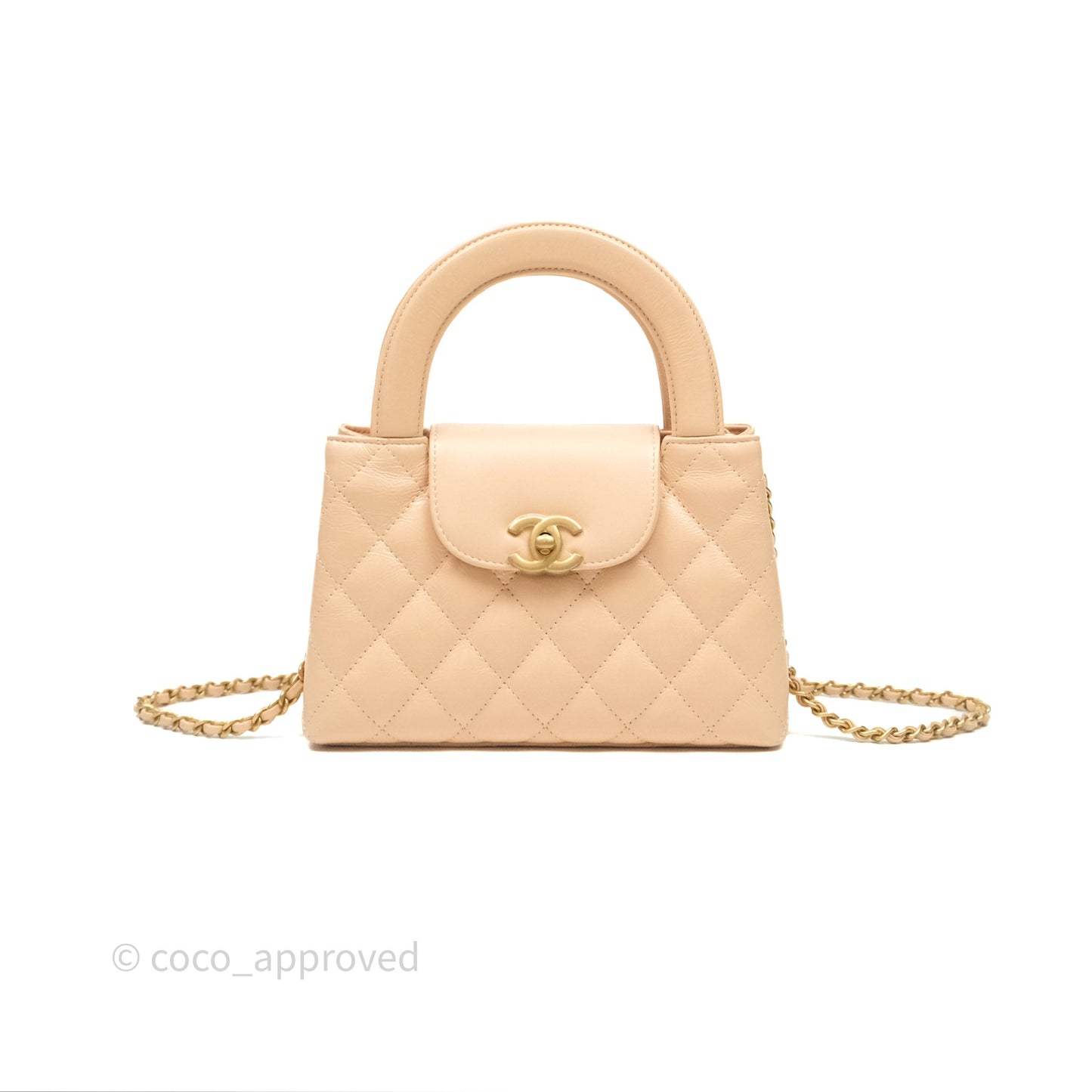 Chanel Kelly Bag Quilted Light Beige Shiny Crumpled Calfskin Aged Gold Hardware