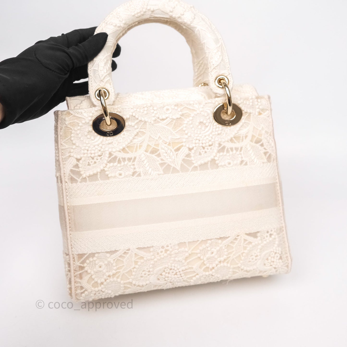 Christian Dior Lace Medium Lady Dior Ivory White Gold Hardware