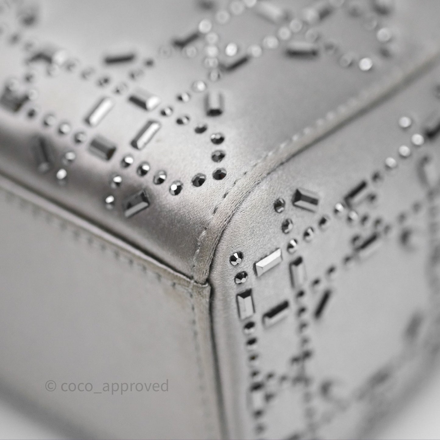 Christian Dior Mini Lady Dior Bag Grey Strass Cannage Satin Silver Hardware