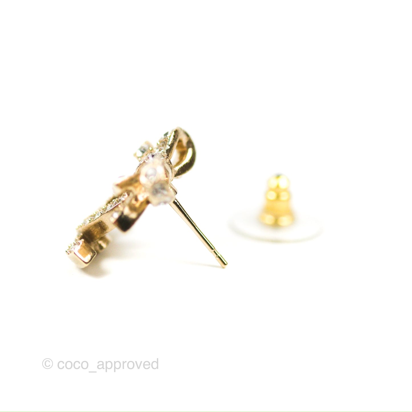 Chanel Crystal Ribbon Bow CC Earrings Gold Tone 23S