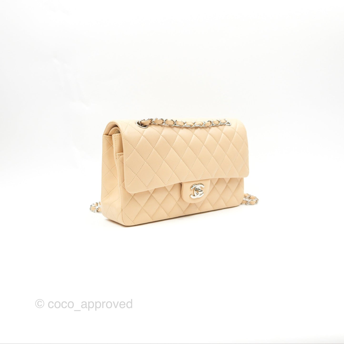 Chanel Classic M/L Medium Flap Quilted Beige Lambskin Silver Hardware