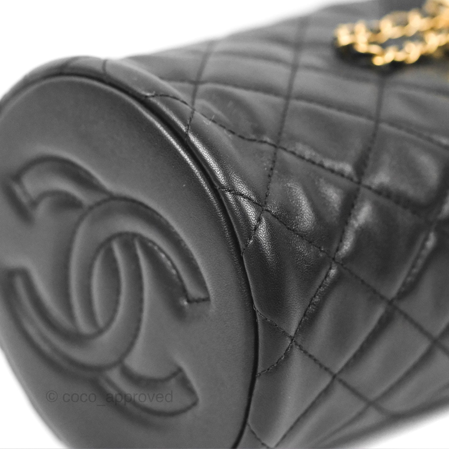 Chanel Pearl Crush Bucket Bag Black Lambskin Aged Gold Hardware