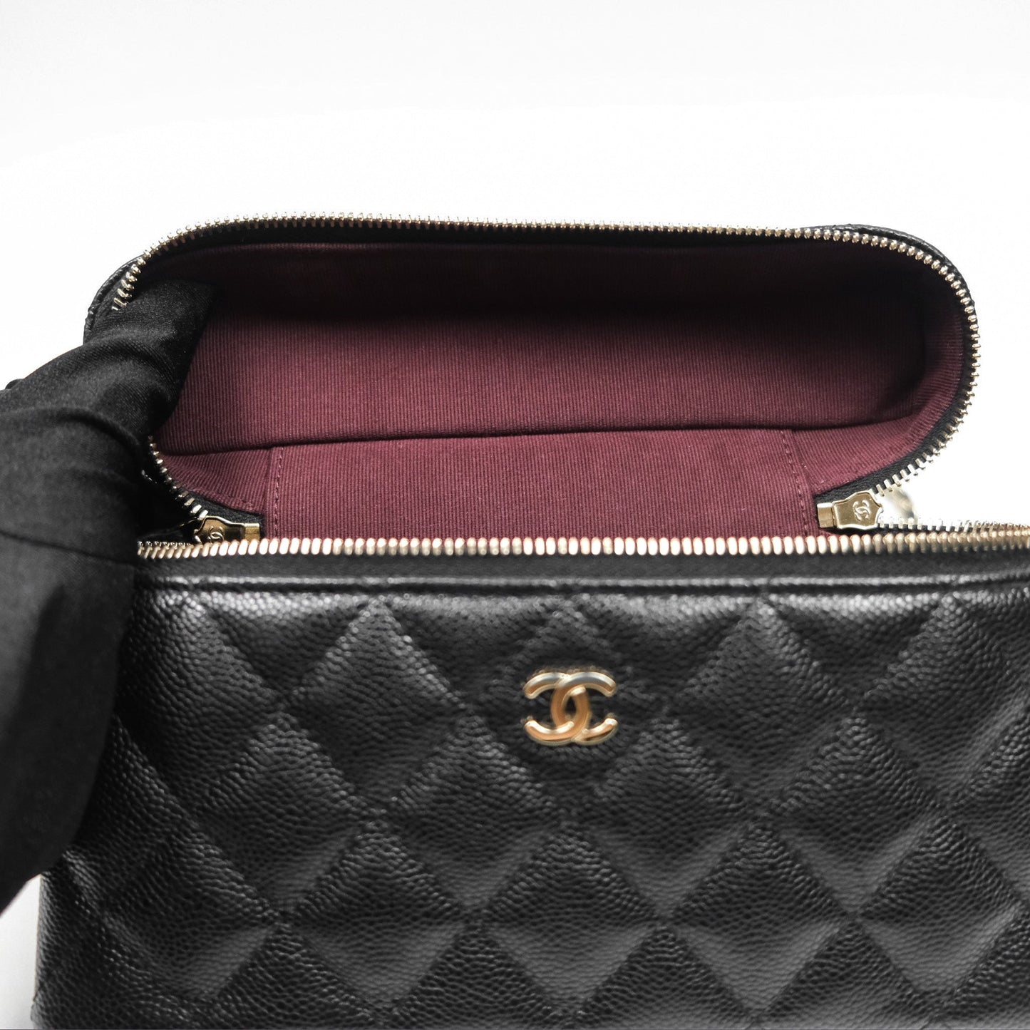 Chanel Quilted Top Handle Vanity with Chain Black Caviar Gold Hardware