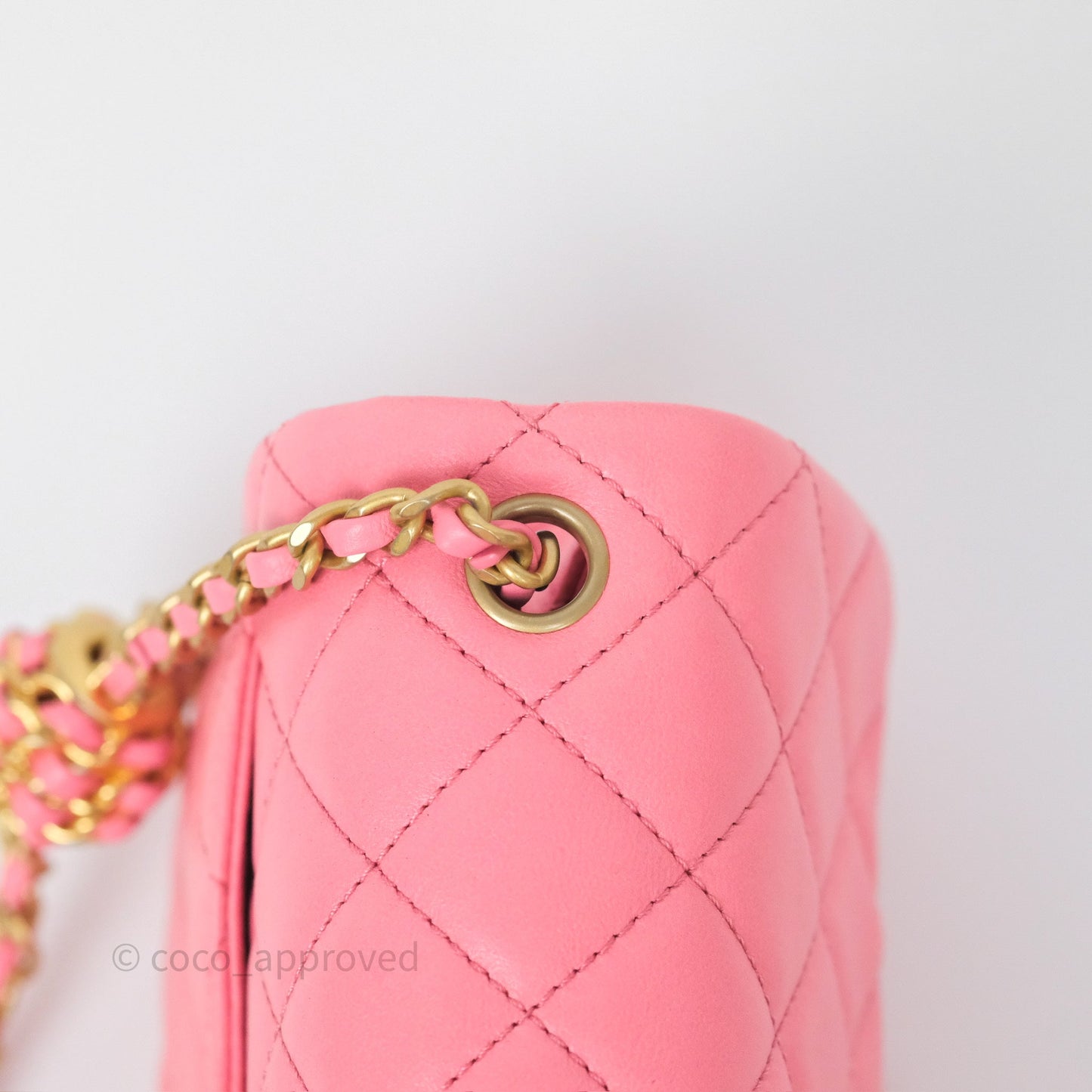 Chanel Pearl Crush Mini Square Quilted Pink Lambskin Aged Gold Hardware