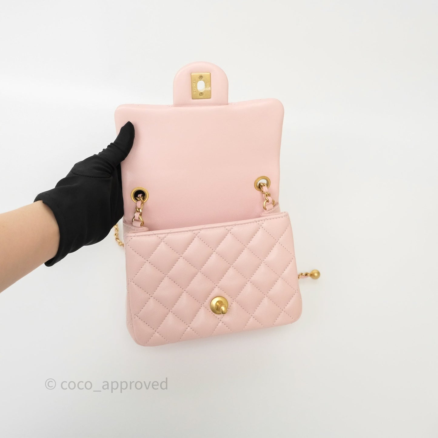Chanel Pearl Crush Mini Square Quilted Light Pink Lambskin Aged Gold Hardware
