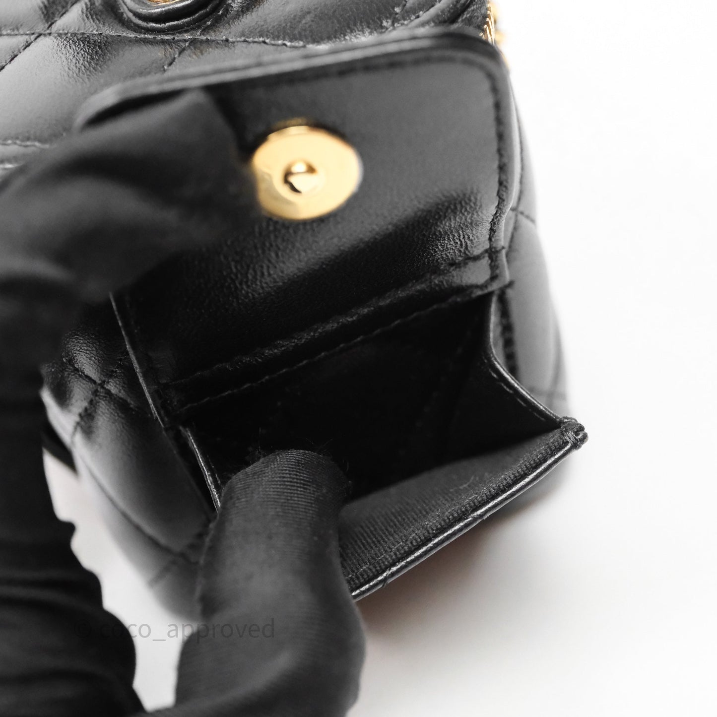 Chanel Quilted Top Handle Pocket Vanity Case Black Shiny Lambskin Bag Gold Hardware
