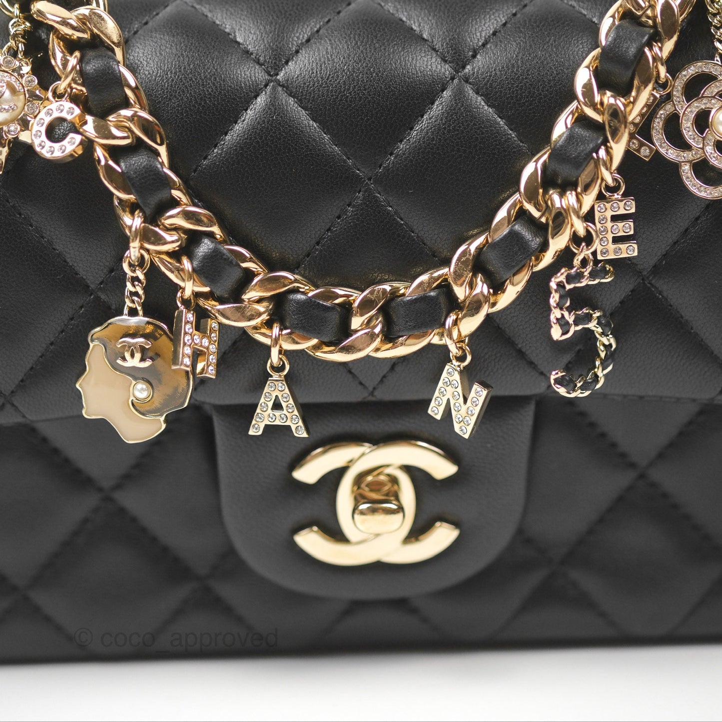 Chanel Quilted Mini Rectangular Flap With Charms Black Lambskin Gold Hardware 21C