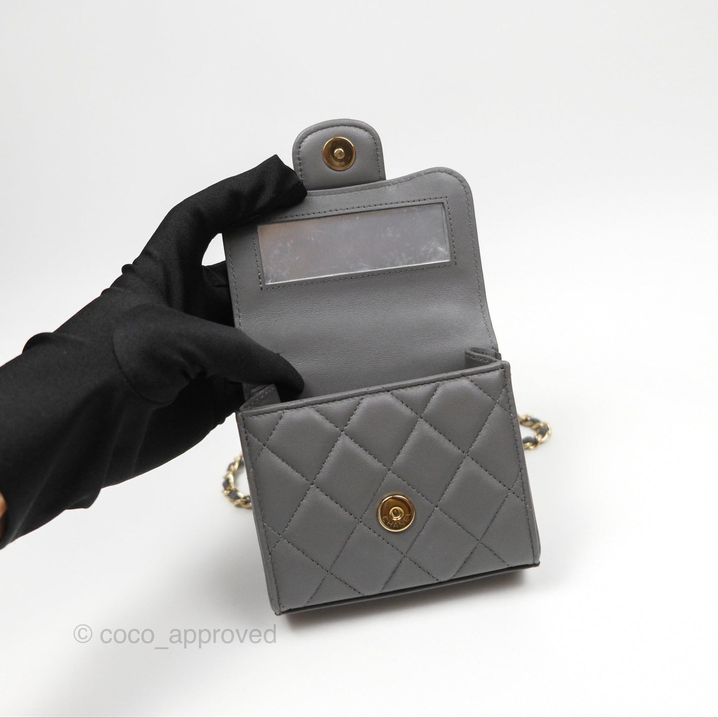 Chanel Mini Handle Clutch With Chain Grey Lambskin Gold Hardware