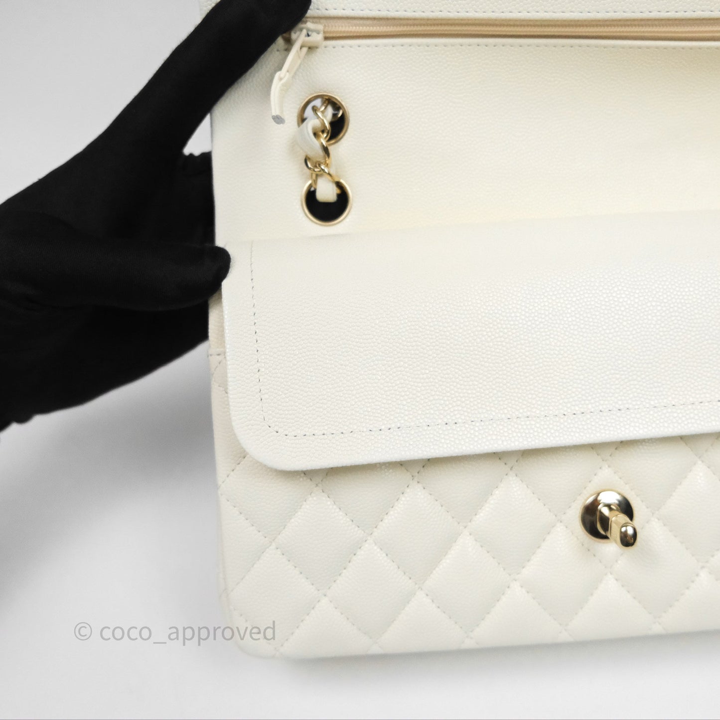 Chanel Classic M/L Medium Flap Quilted Ivory White Caviar Gold Hardware