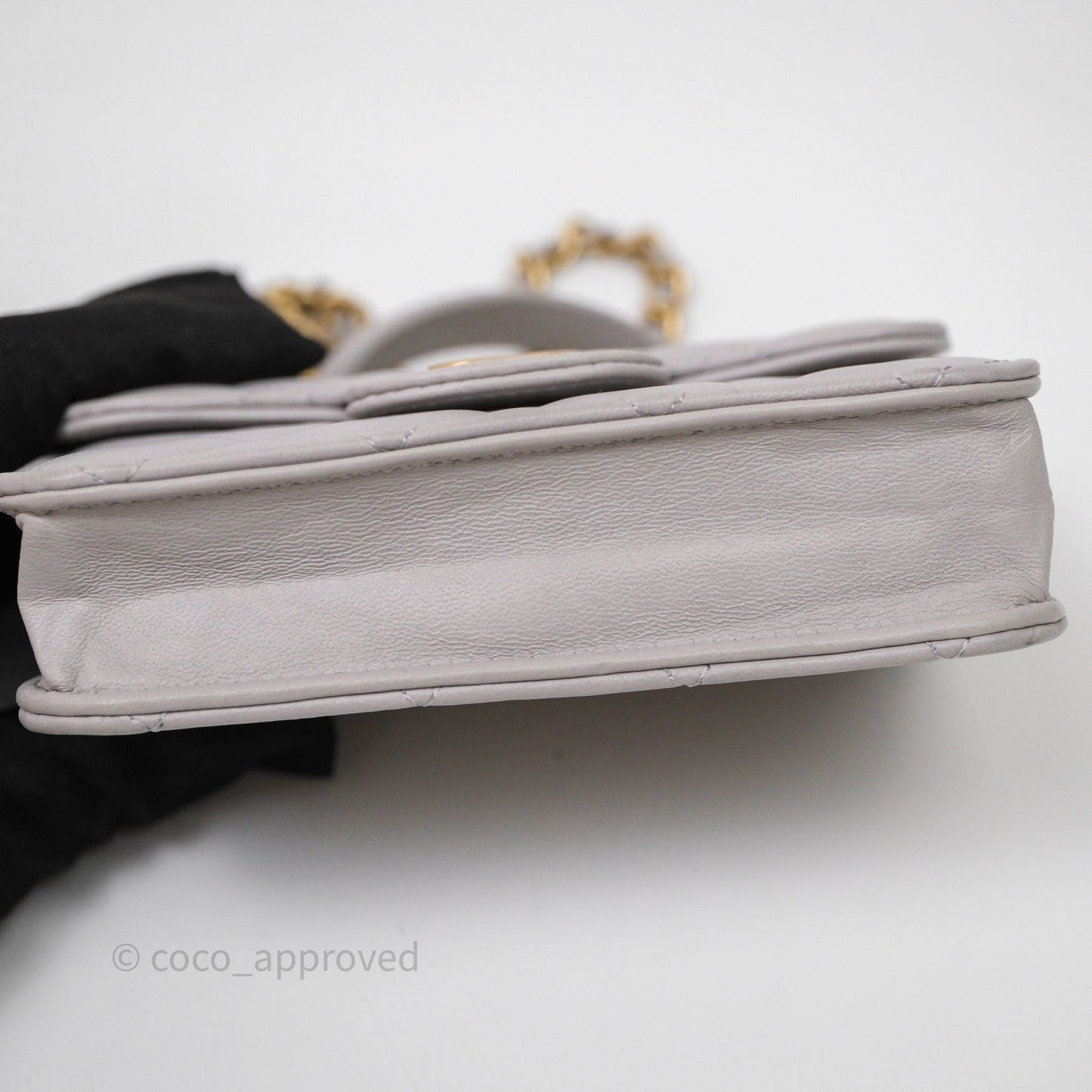 Chanel Mini Handle Flap Coin Purse With Chain Grey Lambskin Aged Gold Hardware