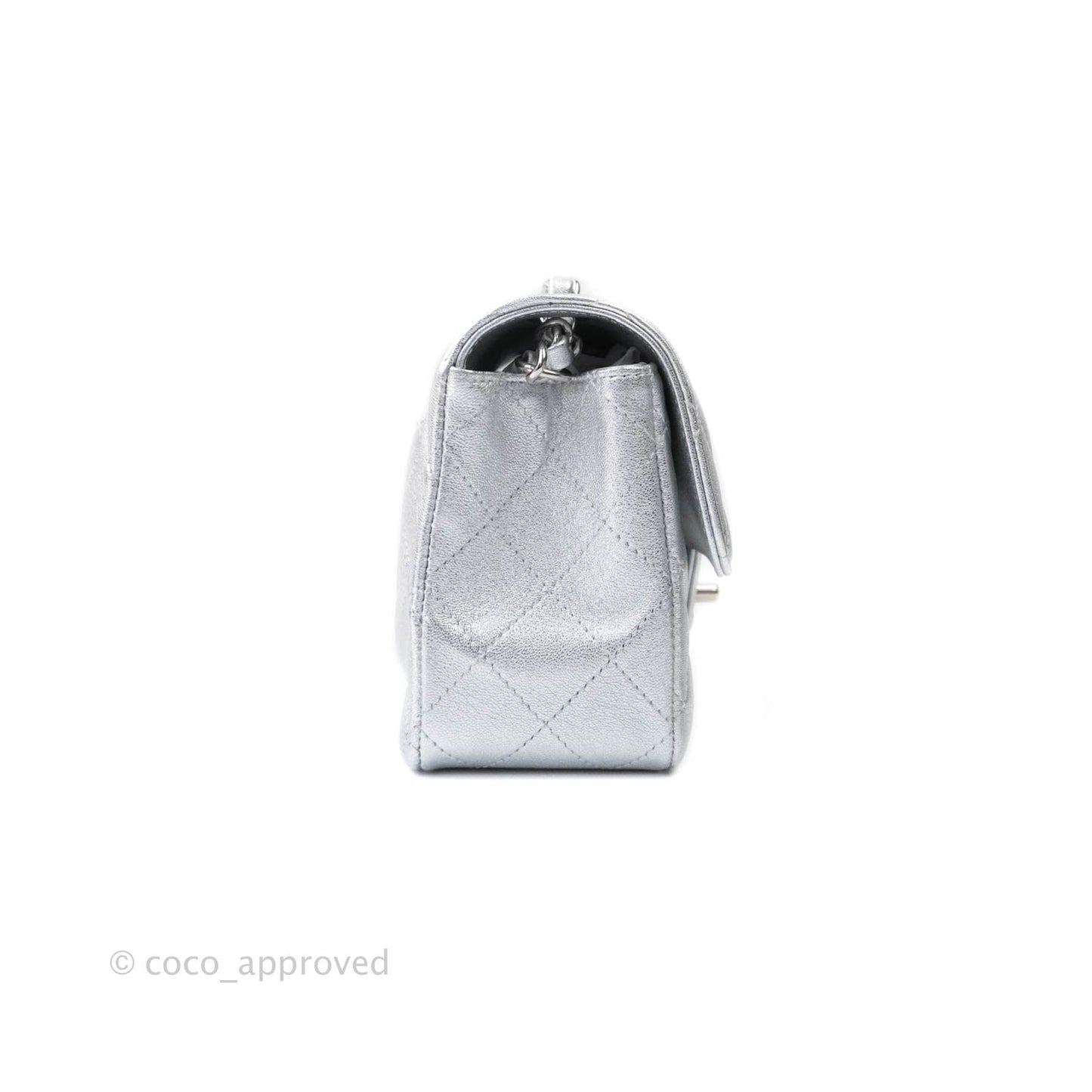 Chanel Quilted Mini Rectangular Flap Metallic Silver Lambskin Silver Hardware