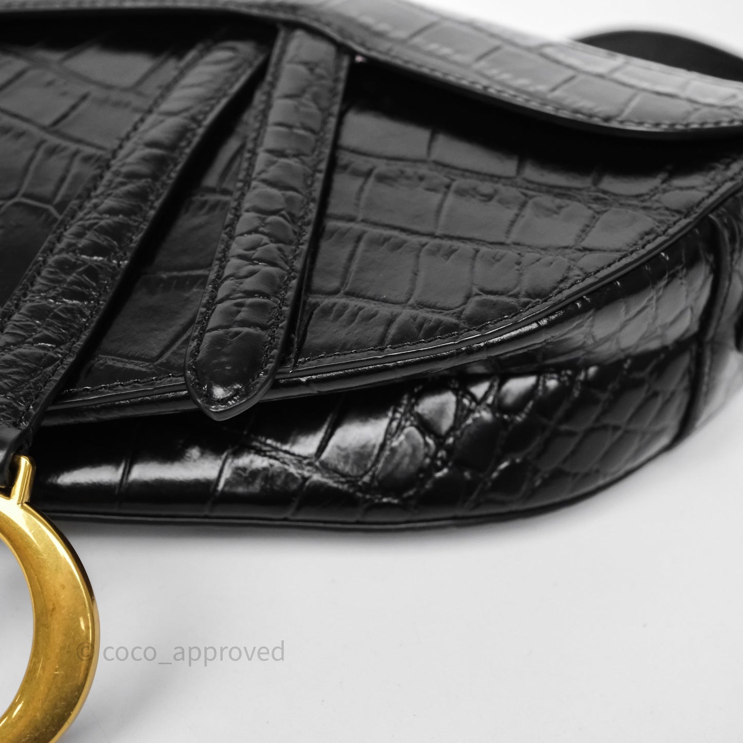 Christian Dior Saddle Bag Black Shiny Crocodile Gold Hardware
