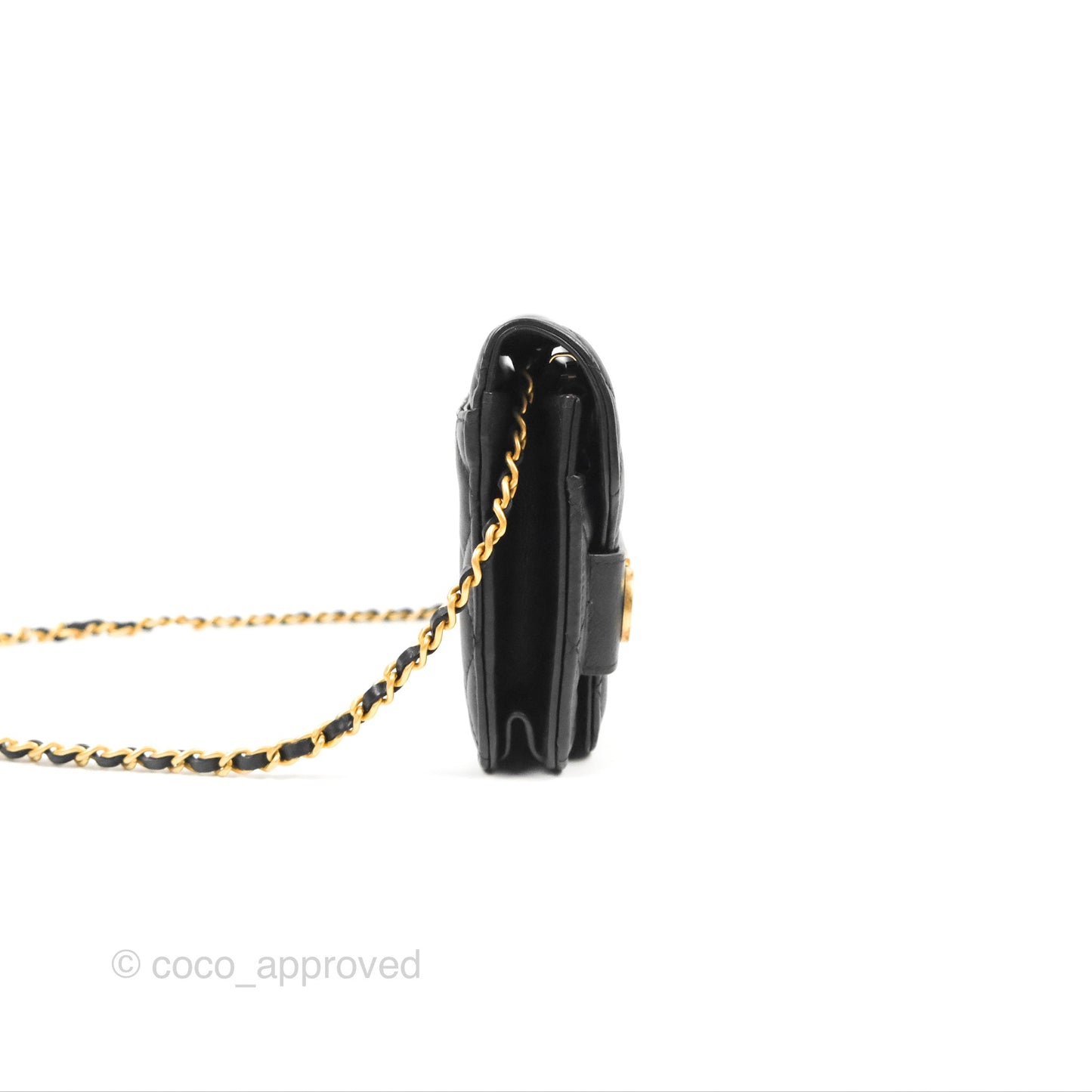 Chanel Logo Enchained Wallet On Chain WOC Black Calfskin Gold Hardware