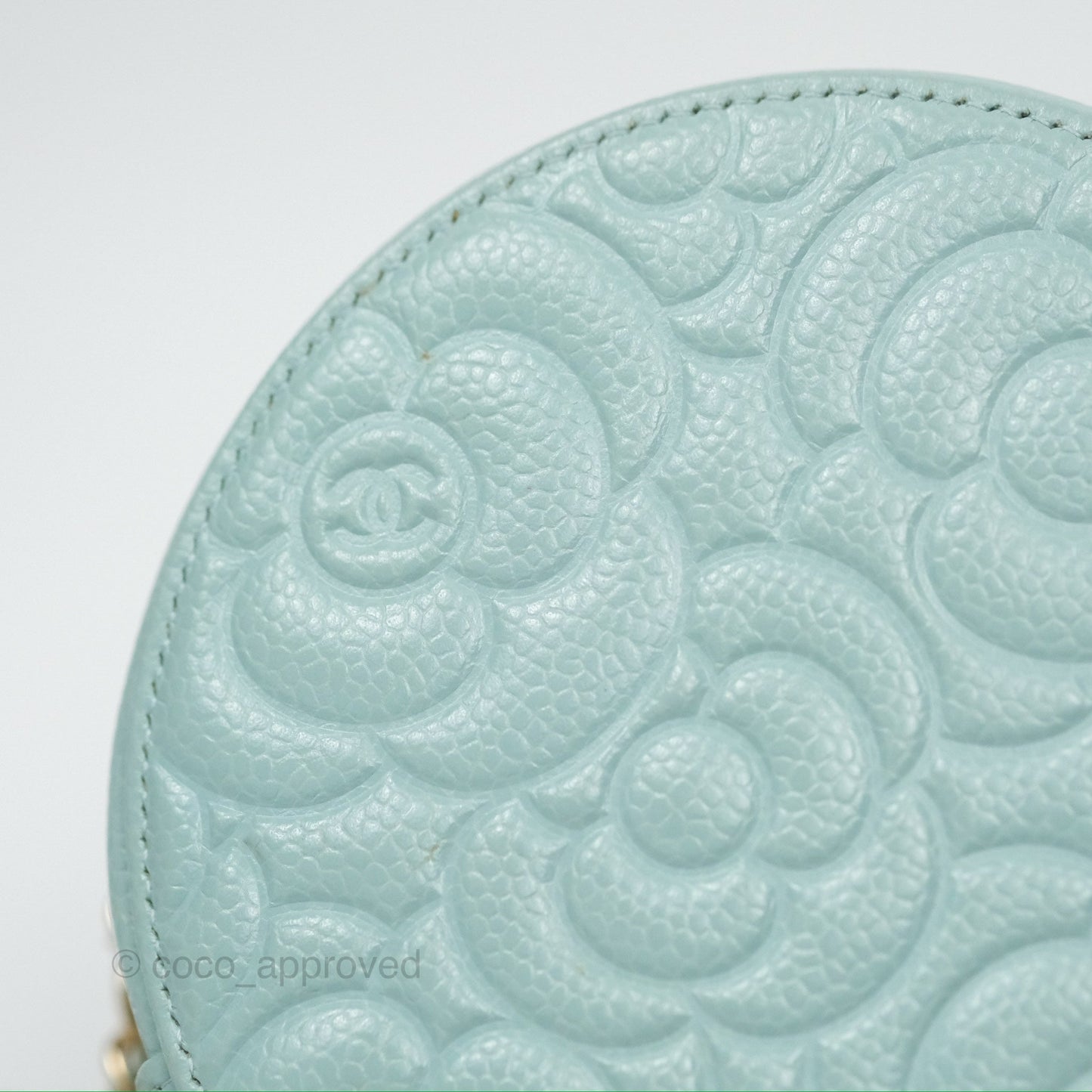 Chanel Camellia Embossed Round Clutch With Chain Light Tiffany Blue Caviar