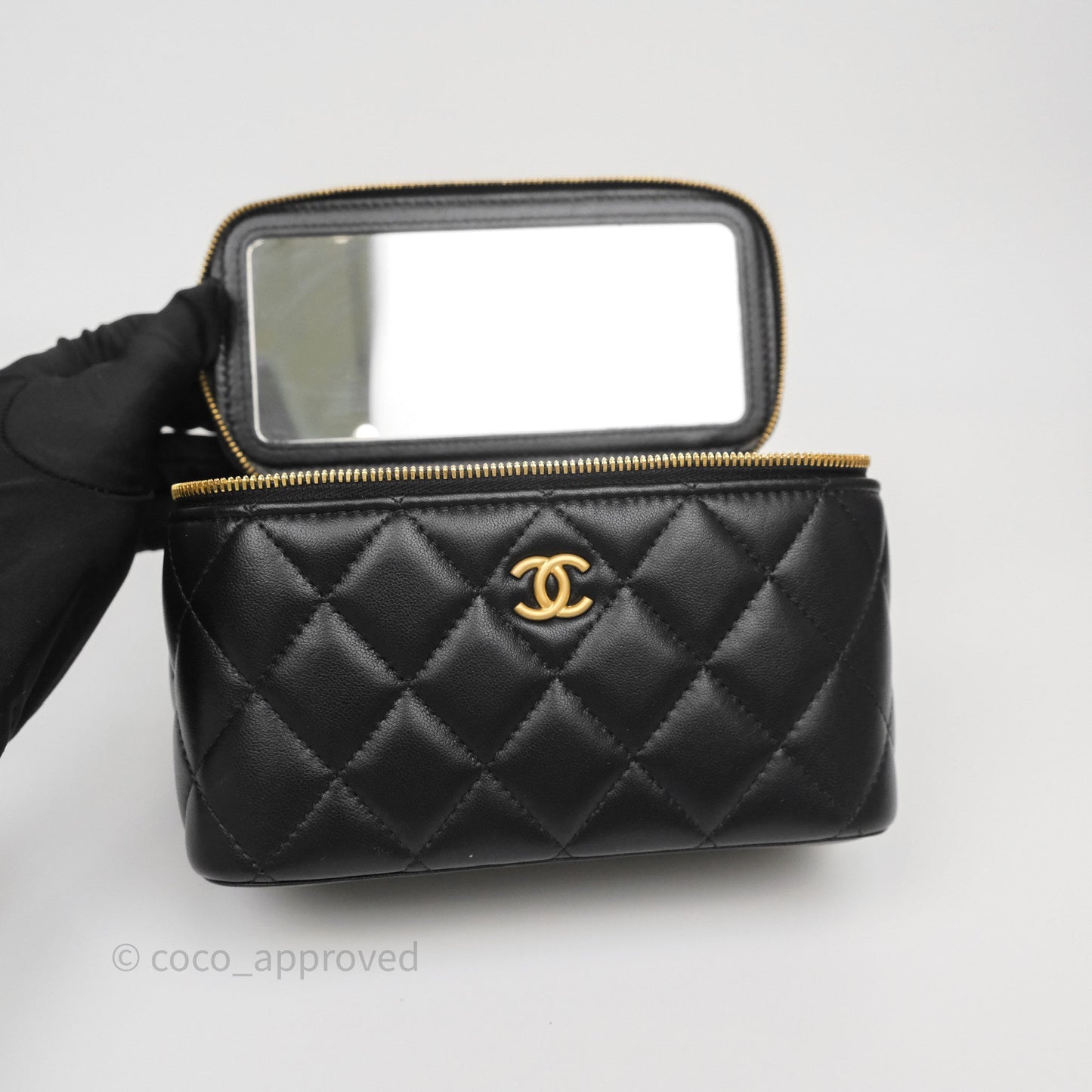 Chanel Vanity with COCO Heart Chain Black Lambskin Aged Gold Hardware