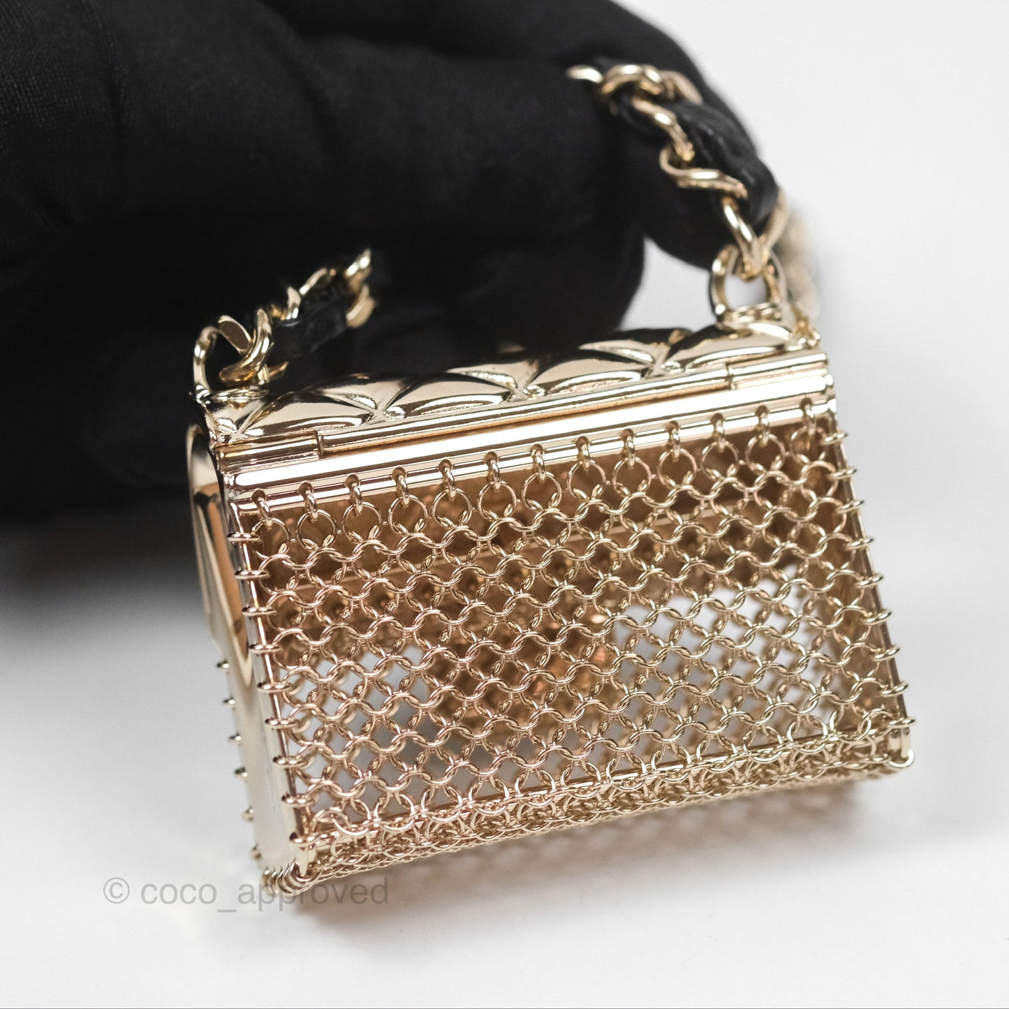 Chanel Flap Bag Charm Black Leather Chain Necklace Gold Tone 21S
