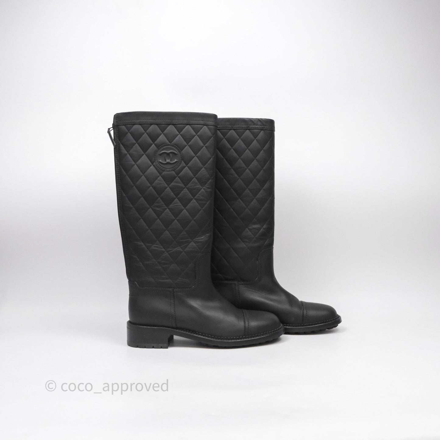 Chanel CC Quilted Knee High Boots Black Calfskin