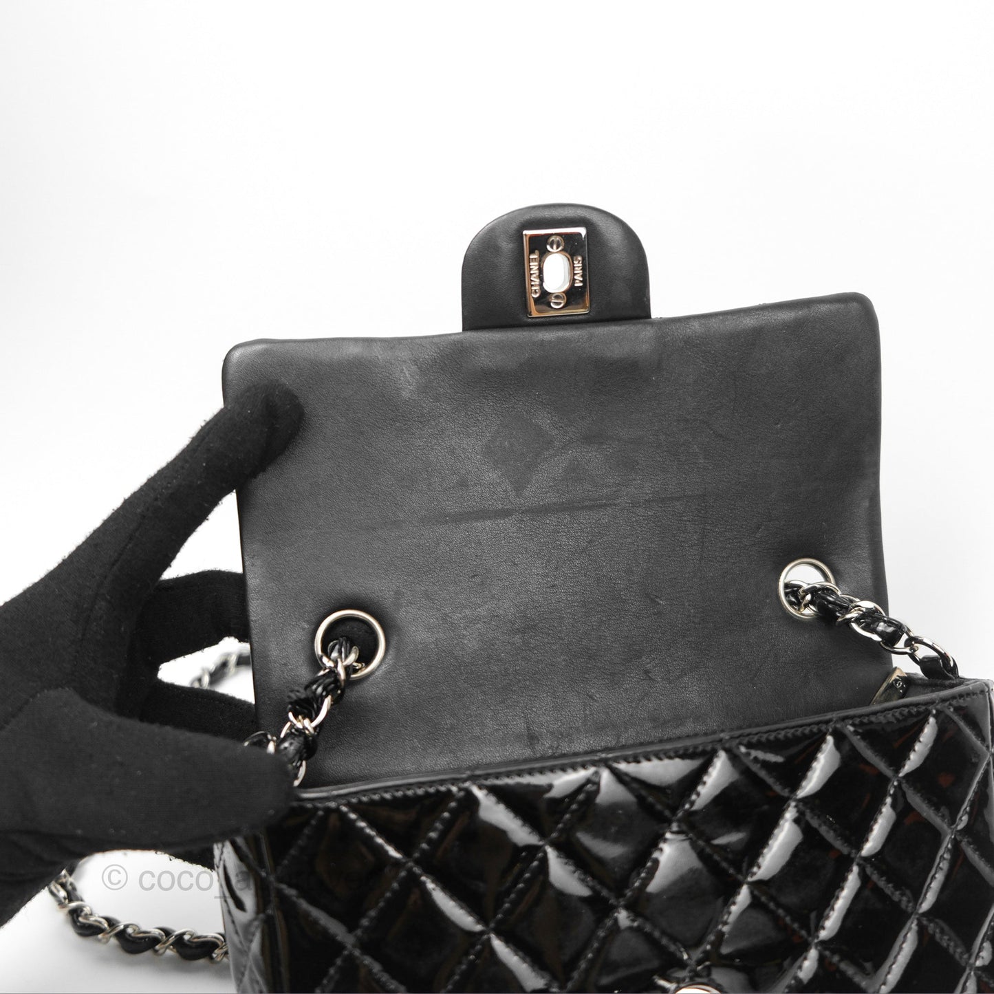 Chanel Quilted Mini Rectangular Flap Black Patent Silver Hardware