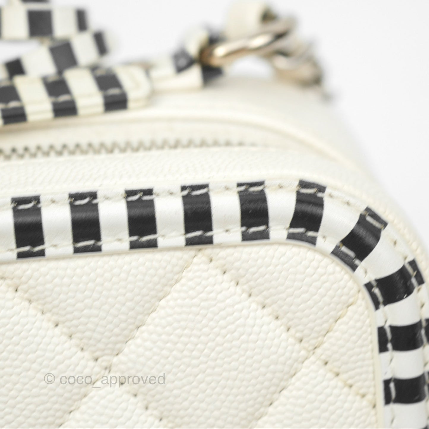 Chanel Quilted Medium CC Filigree Vanity Case White Black Stripe Caviar Silver Hardware