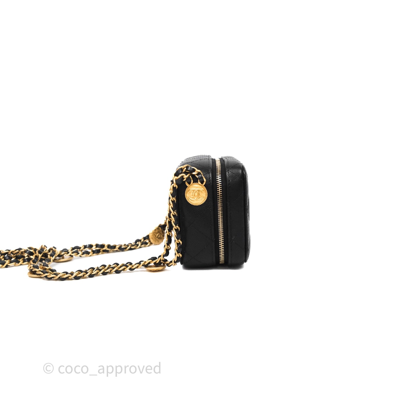 Chanel Quilted CC Coins Purse Chain Camera Case Black Caviar Aged Gold Hardware