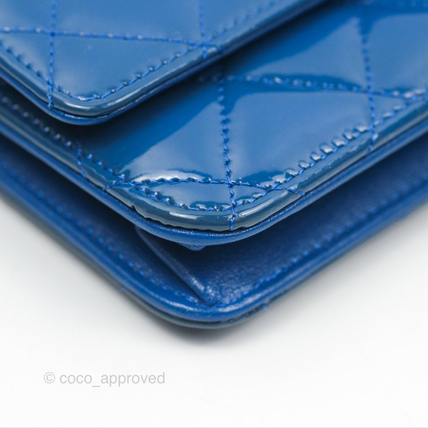 Chanel Quilted Classic Wallet on Chain WOC Blue Patent Silver Hardware