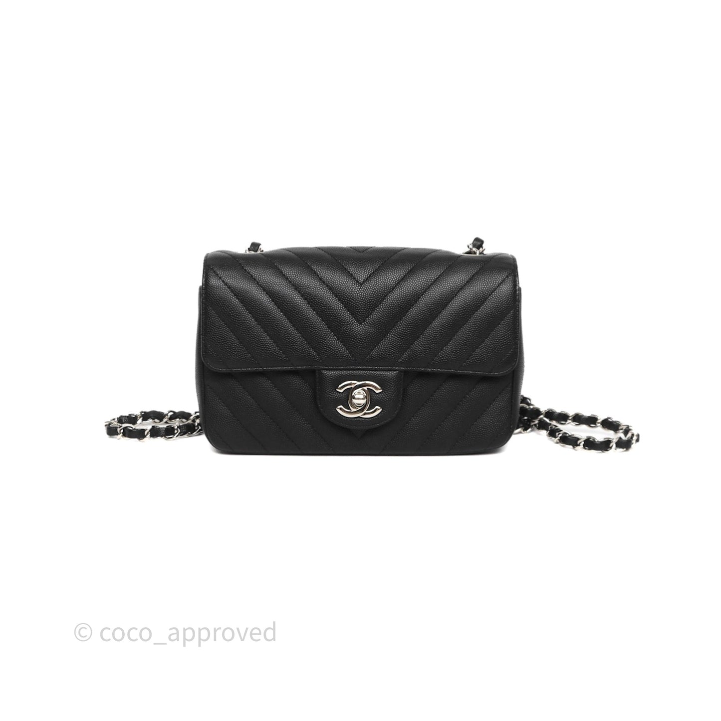 Chanel Mini Rectangular Flap Chevron Black Caviar Silver Hardware