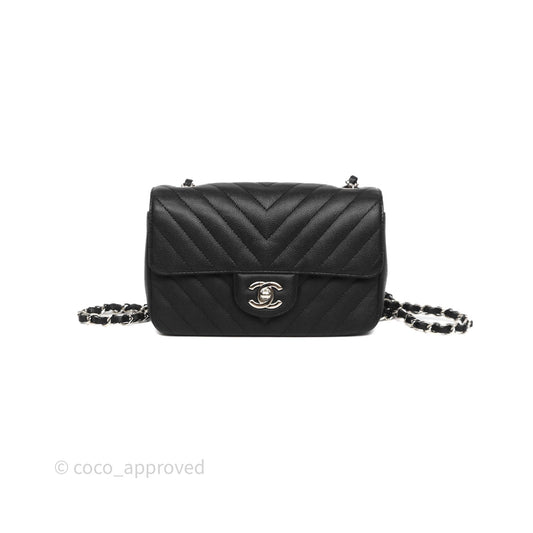Chanel Mini Rectangular Flap Chevron Black Caviar Silver Hardware