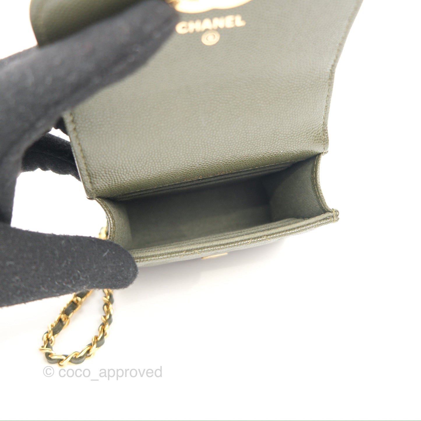 Chanel Coco First Mini Clutch On Chain Dark Olive Green Caviar Gold Hardware 22K
