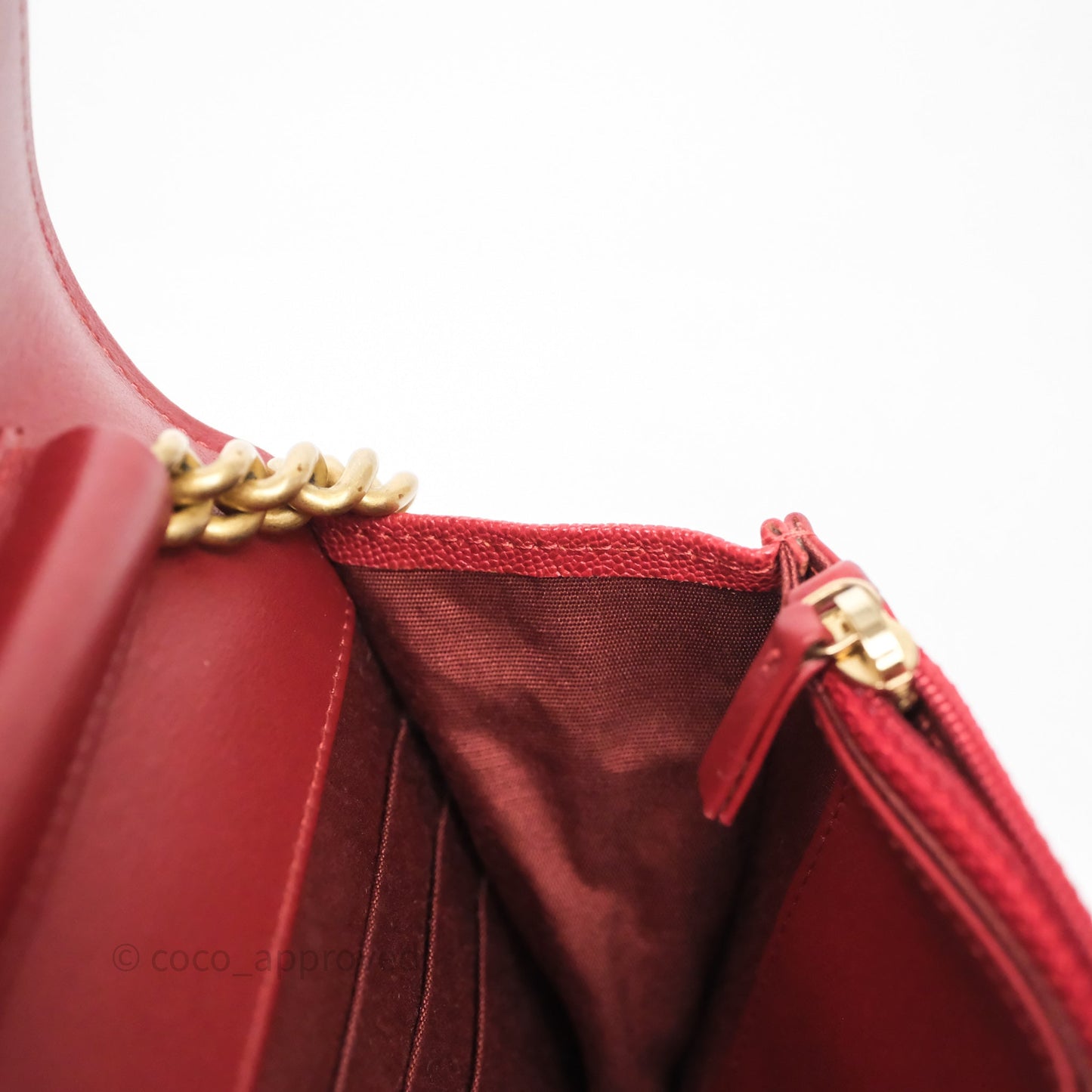 Chanel Boy Wallet on Chain WOC Red Caviar Aged Gold Hardware