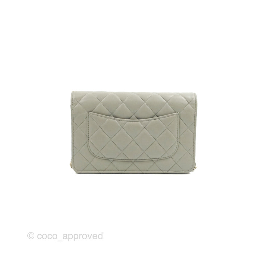 Chanel Quilted Classic Wallet on Chain WOC Light Grey Lambskin Gold Hardware