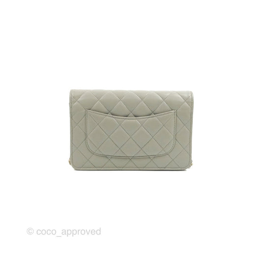 Chanel Quilted Classic Wallet on Chain WOC Light Grey Lambskin Gold Hardware