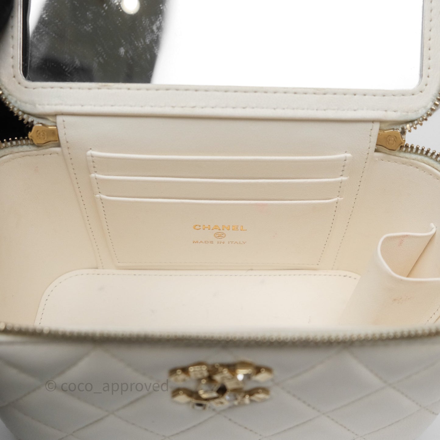 Chanel Logo Crystals Top Handle Vanity Rectangular White Lambskin Gold Hardware