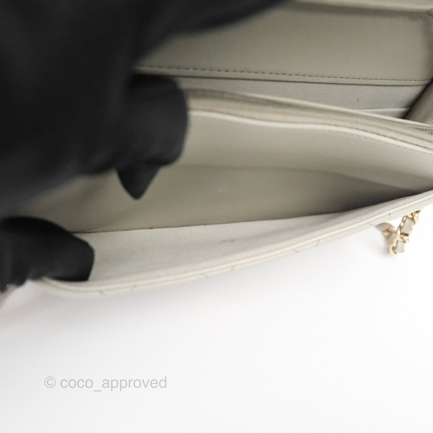 Chanel Classic Quilted Wallet on Chain WOC Light Grey Lambskin Gold Hardware