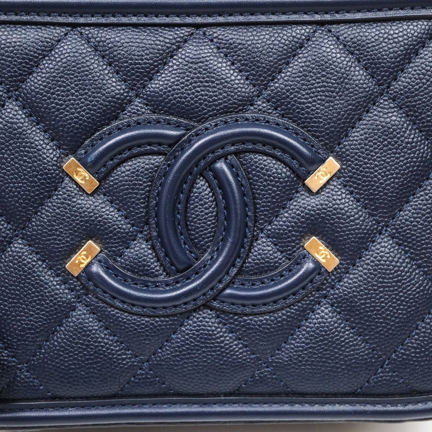 Chanel Quilted Small CC Filigree Vanity Case Navy Caviar Gold Hardware