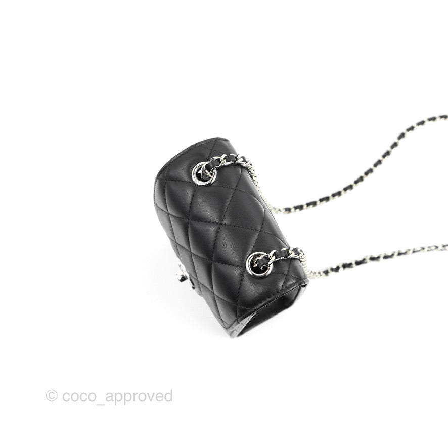 Chanel Classic Quilted Phone Holder Black Lambskin Silver Hardware