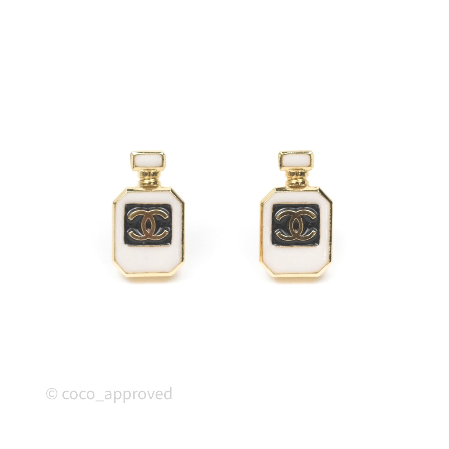 Chanel CC White Perfume Bottle Earrings Gold Tone 25C