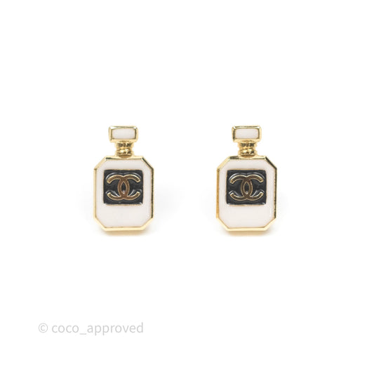 Chanel CC White Perfume Bottle Earrings Gold Tone 25C