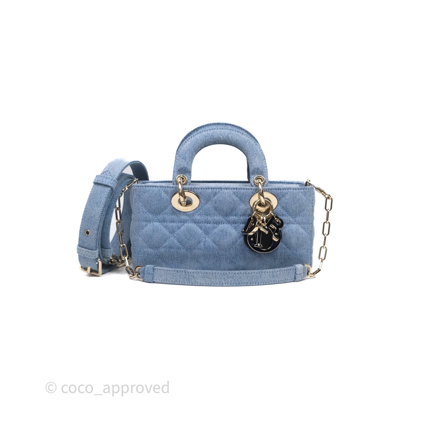 Christian Dior Small Lady D-Joy Bag Washed Blue Denim Cannage Gold Hardware