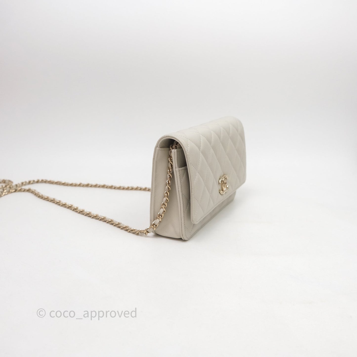 Chanel Quilted Wallet on Chain WOC Light Grey Caviar Gold Hardware 24S