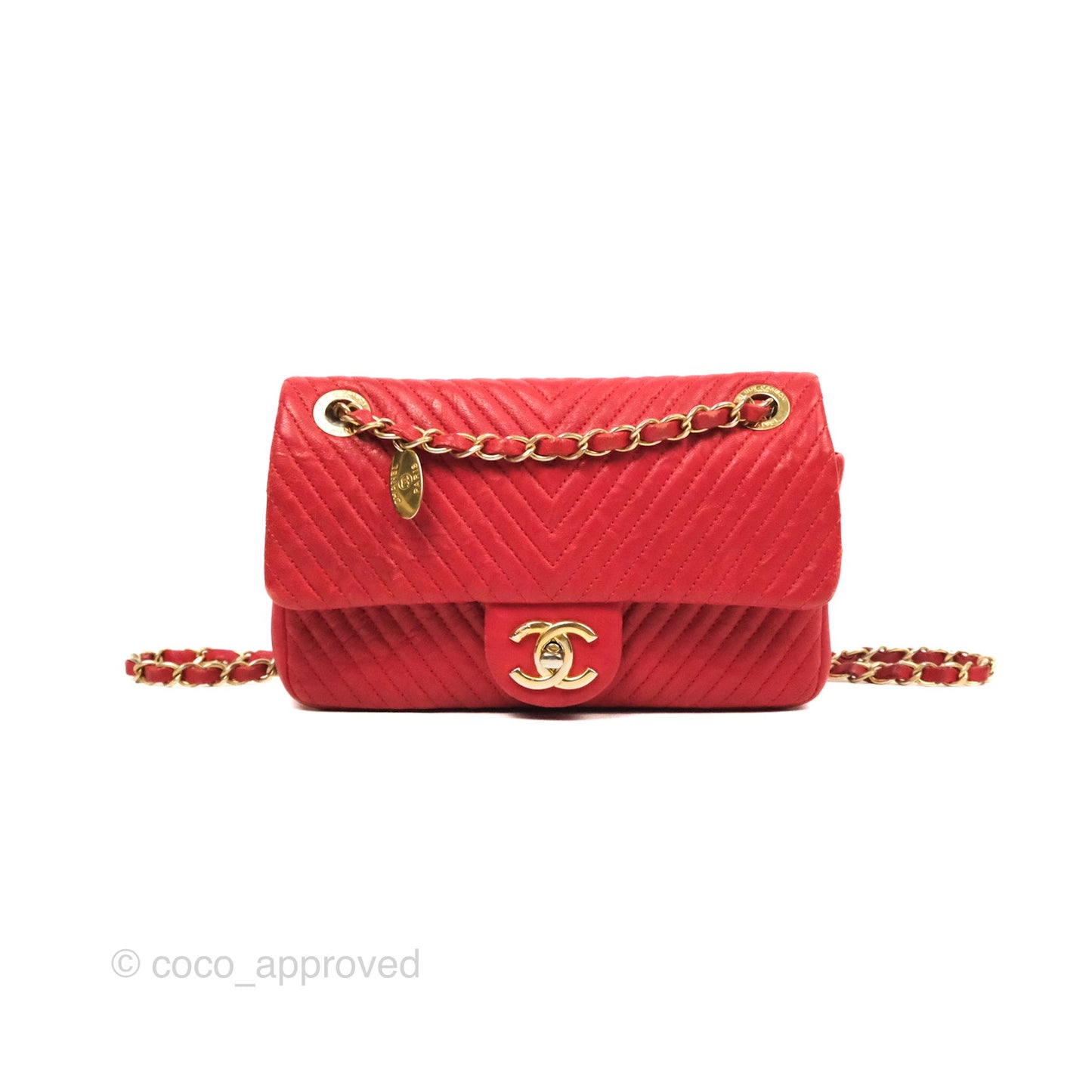 Chanel Small Chevron Surpique Flap Red Calfskin Aged Gold Hardware